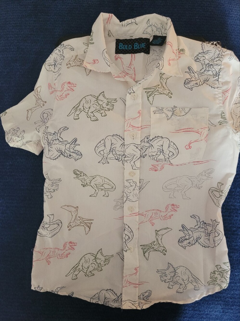 Bold Blue White Dinosaur Print Button-Up Shirt